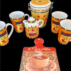 Set of 4 mugs with sugar and milk and cutting plate canister